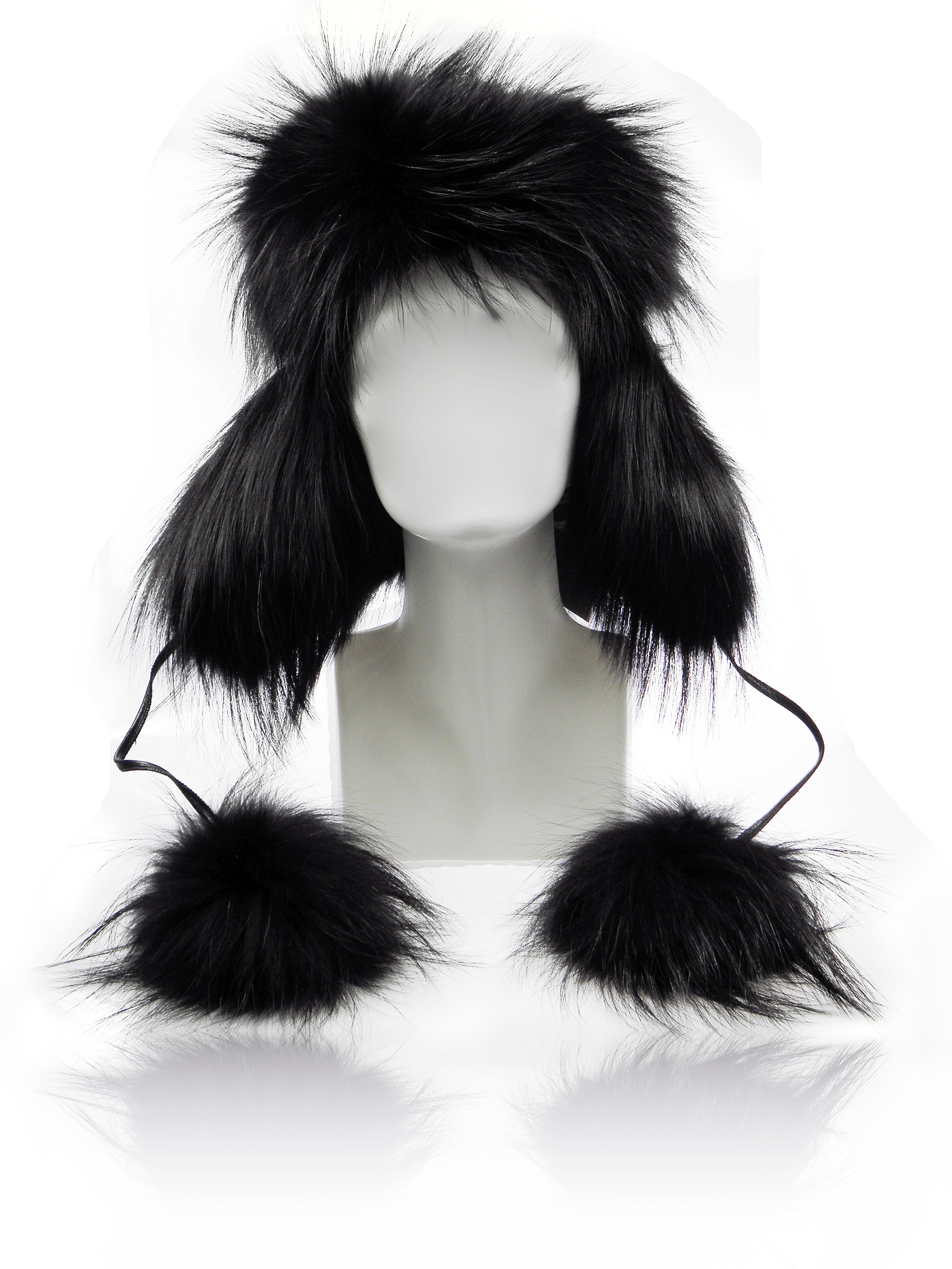 FurLand Aviator Cap - USHANKA BLACK RACCOON - mit Pom Pom's