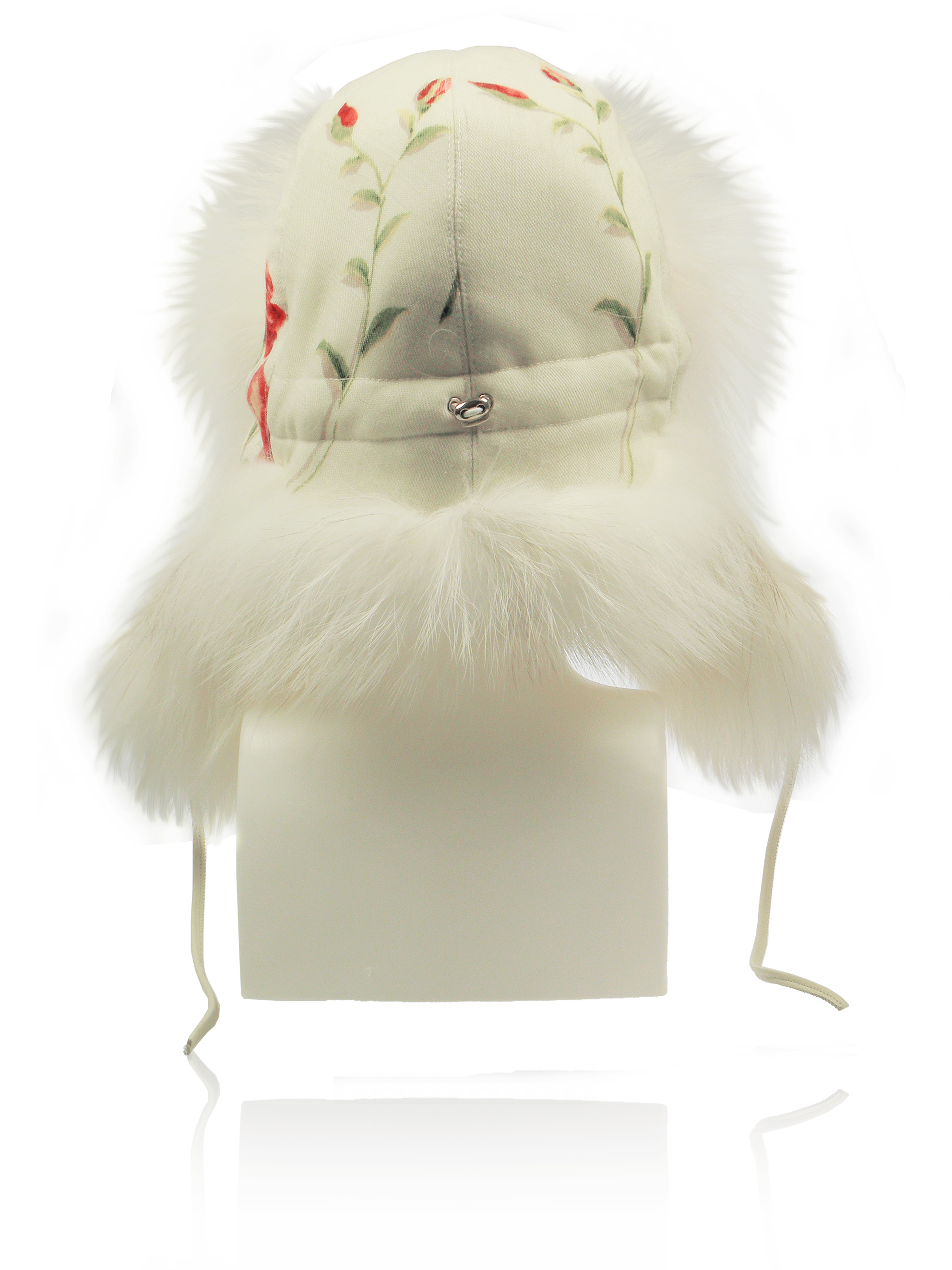 FurLand Aviator Cap - USHANKA WHITE RED ROSES - Fox Fur