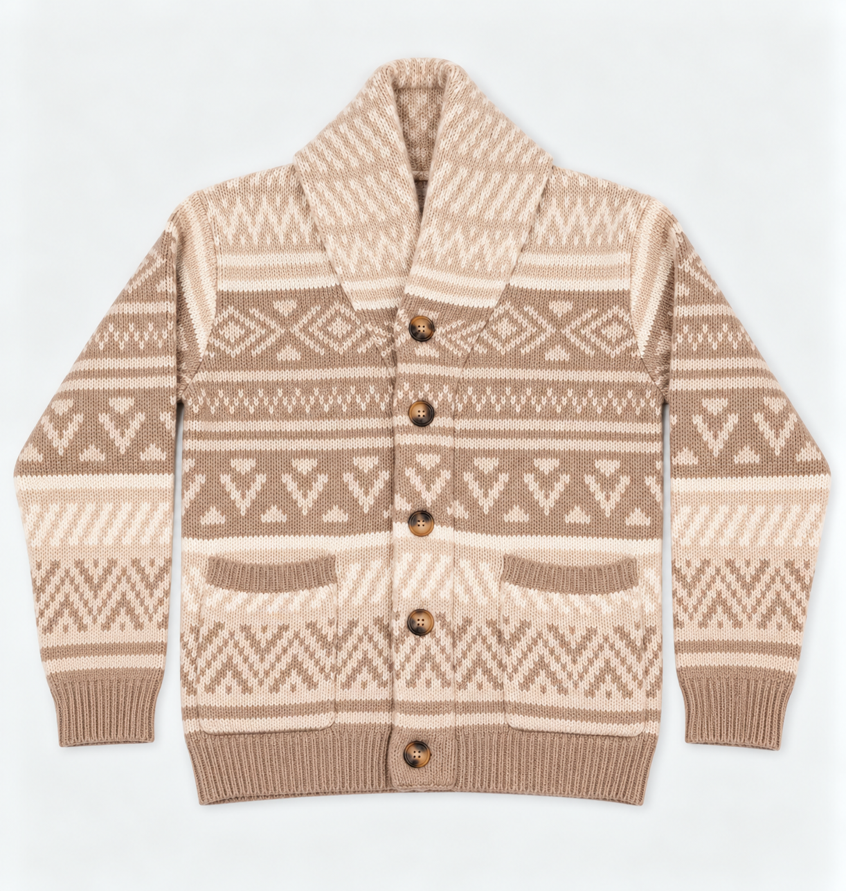 Beiger Fair-Isle-Strickcardigan mit Holzknöpfen