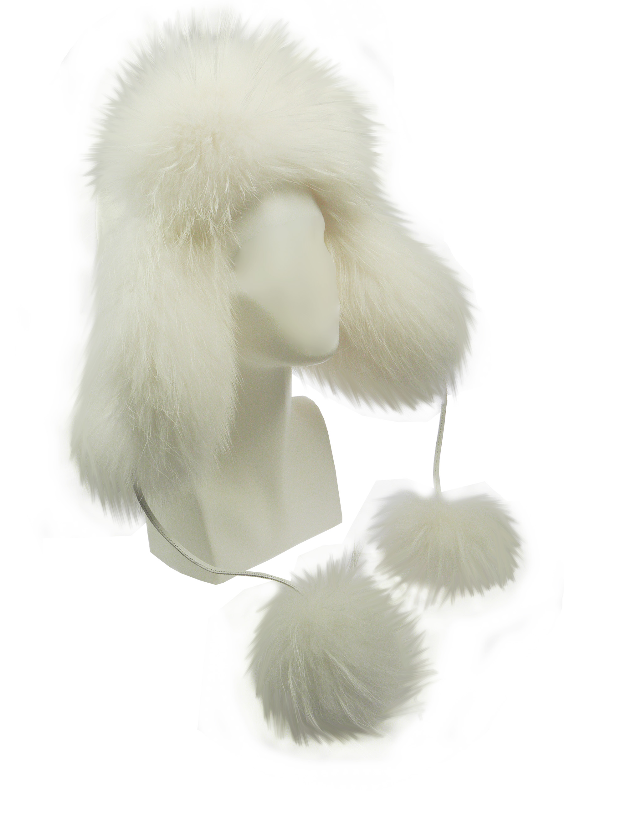 FurLand Aviator Cap - USHANKA WHITE RACCOON - with Pom Pom's