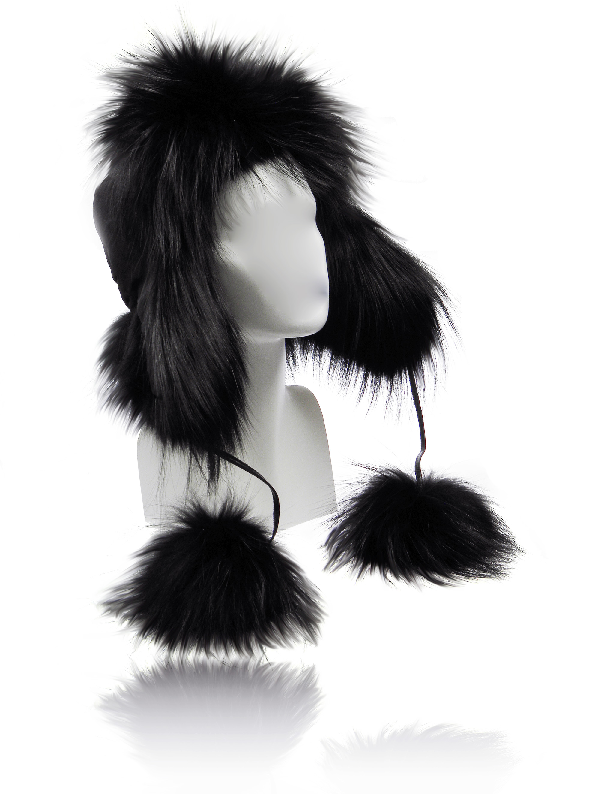 FurLand Aviator Cap - USHANKA BLACK RACCOON - mit Pom Pom's