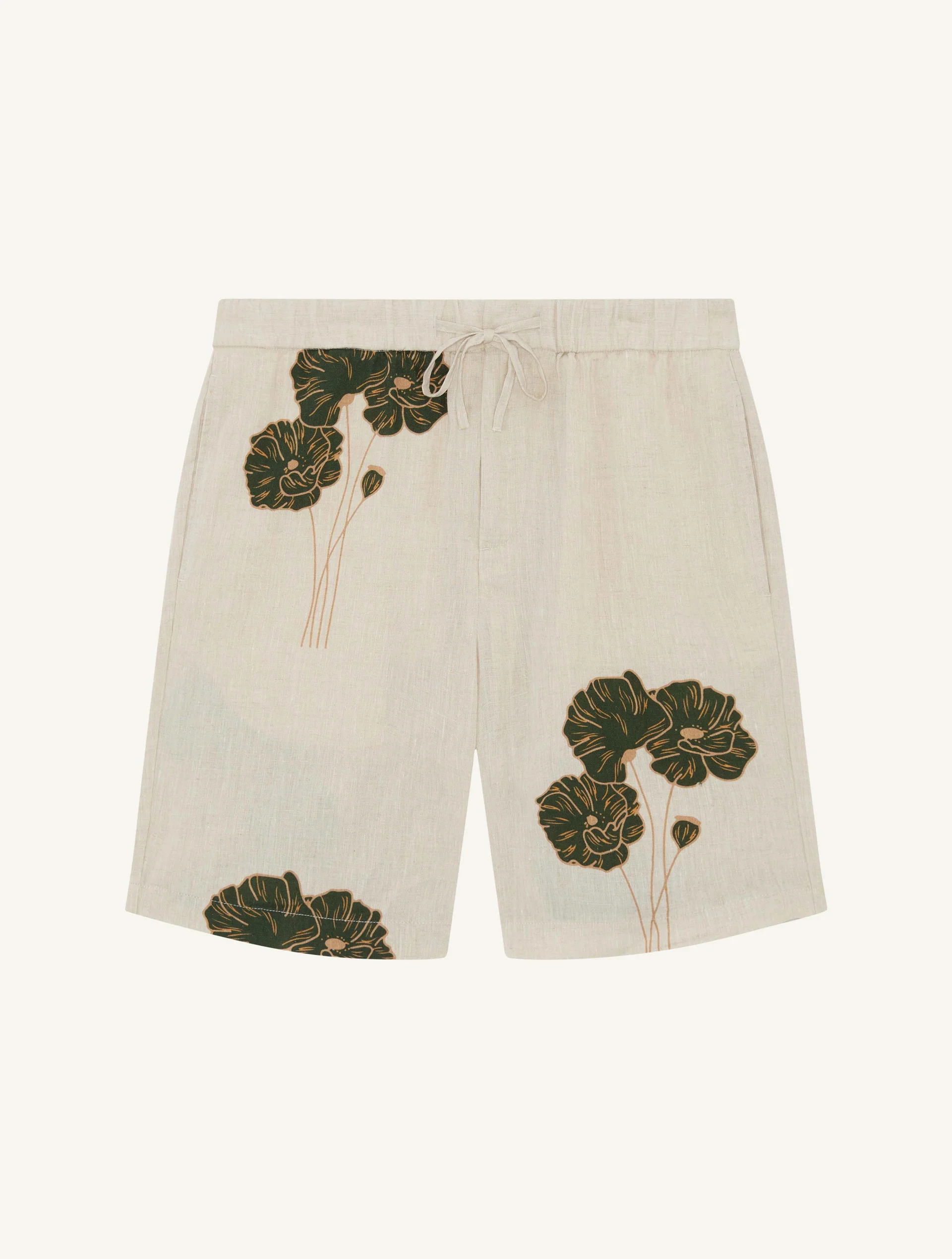 Frescobol Carioca men's linen shorts FELIPE FLORAL PRINT- ecru/evergreen
