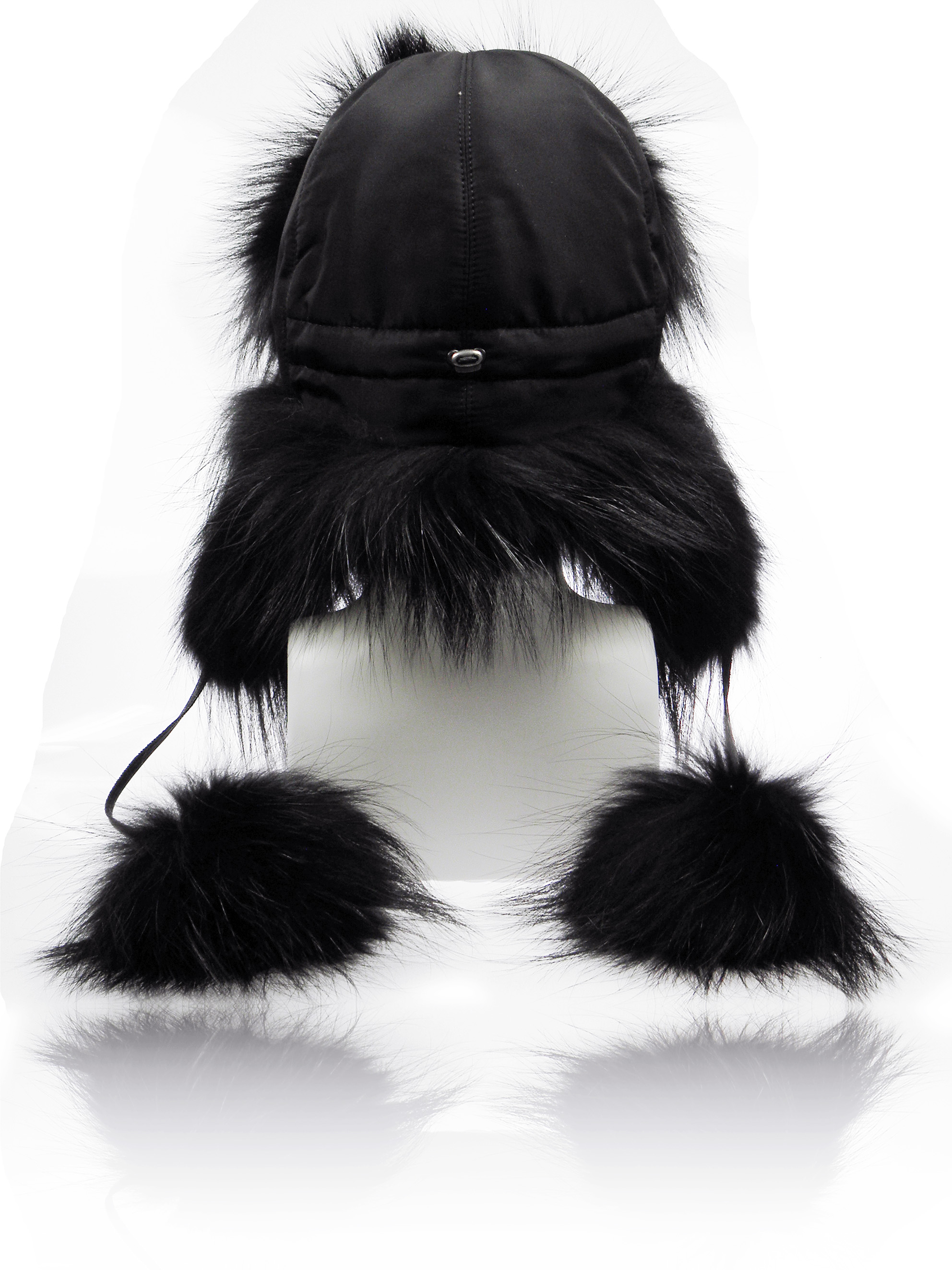 FurLand Aviator Cap - USHANKA BLACK RACCOON - mit Pom Pom's