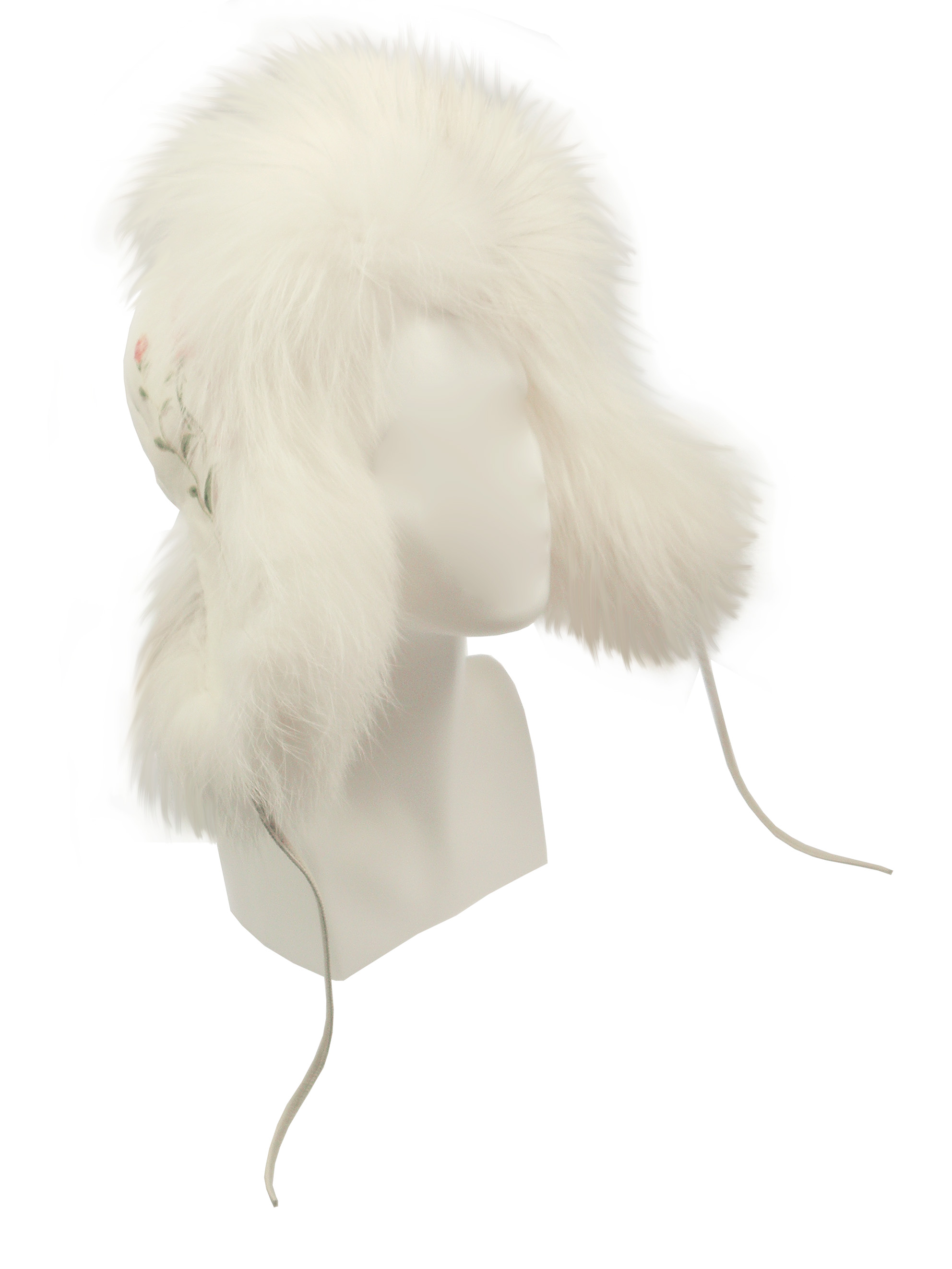 FurLand Aviator Cap - USHANKA WHITE RED ROSES - Fox Fur