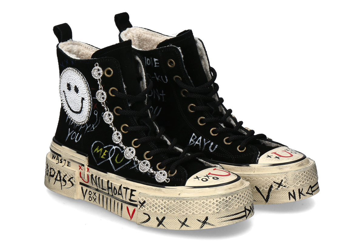 Nan-Ku Couture High Top Sneaker lined SKATER SMILEY - black