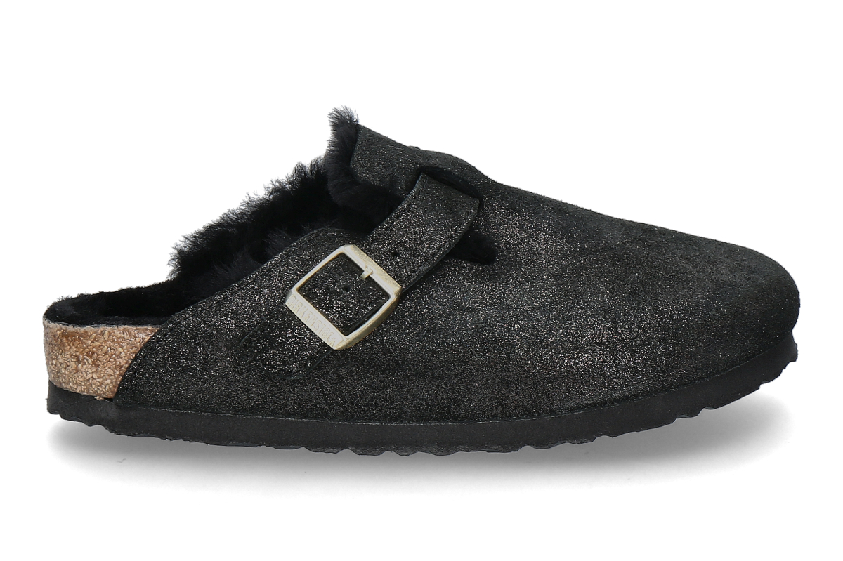 Birkenstock Pantolette gefüttert BOSTON II SCHMAL SHEARLING - black suede/ schwarz