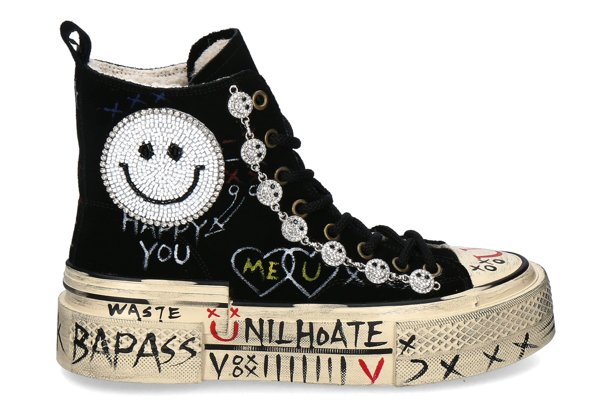 Nan-Ku Couture High Top Sneaker lined SKATER SMILEY - black