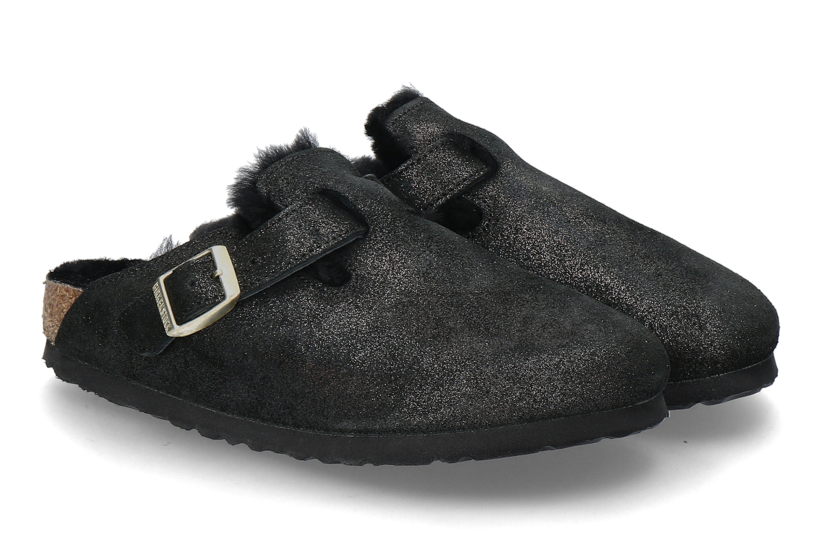 Birkenstock Pantolette gefüttert BOSTON II SCHMAL SHEARLING - black suede/ schwarz
